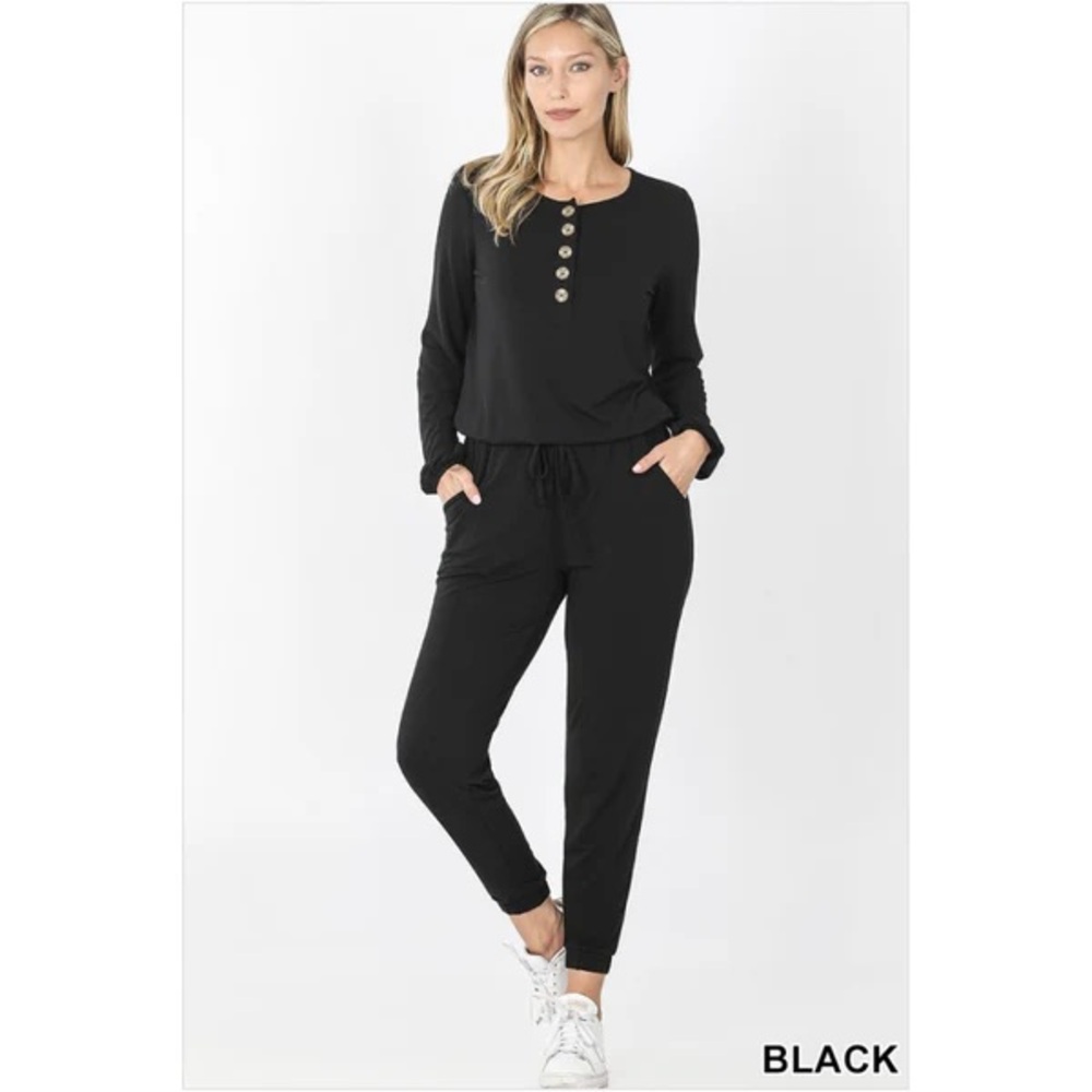 Women's‎ Black Long-Sleeve Henley Jumpsuit by Zenana Size Small
